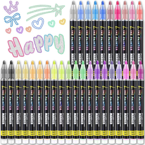 30 Colors Outline Marker Pen, 30 Pcs Double Line Metallic Marker Pens Set Paint Markers Pens Gift Card Writing Drawing Pens for Card Writing,Birth...