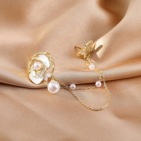 Golden Flower Pearl Brooch Pins for Women Chain Butterfly Cameo Copper Lapel Brooch Pins...