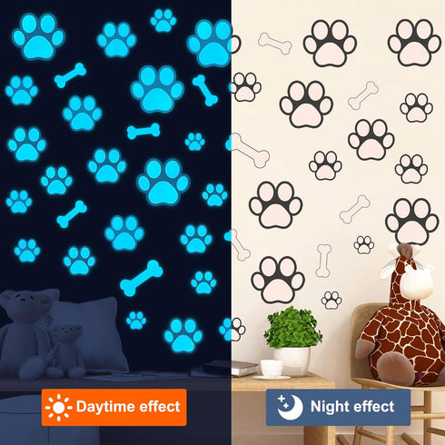 Dog Paw Print Stickers Glow in The Dark Wall Decals Pup Dog Room Decor Stickers Vinyl Dog Paw Bone Wall Decals Removable Animal Footprint Decal fo...