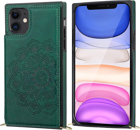 KIHUWEY 11 Crossbody Wallet Case with Card Slots, Embossed Mandala Pattern Flower Wrist Strap Protective Kickstand Shoulder Cross Cover Case 6.1 I...