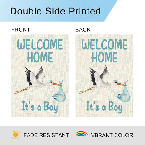 Welcome Home Baby Boy Garden Flag Baby Shower Garden Flag 12×18 Inch Double Sided Burlap Flag Newborn Gender Reveal Lawn Yard Sign Stork Outdoor D...