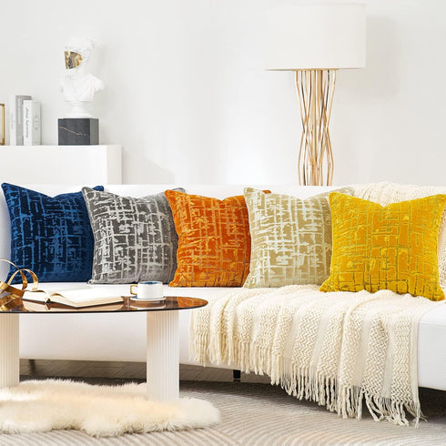 Alerfa Square Geometrical Plaid Striped Cut Velvet Throw Pillow Cover 20x20 Inch Luxury Modern Decorative Accent Pillow Cover for Couch Living Roo...