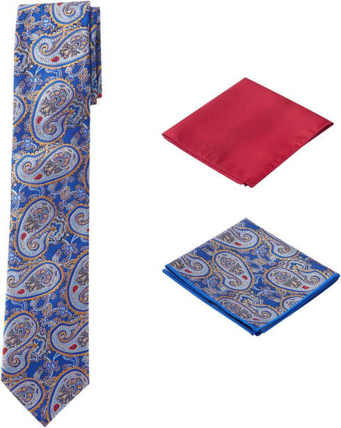 Men's Woven Paisley Regular Length Neck Tie with 2 Handkerchief Pocket Squares Hanky Set - Blue Navy Red...