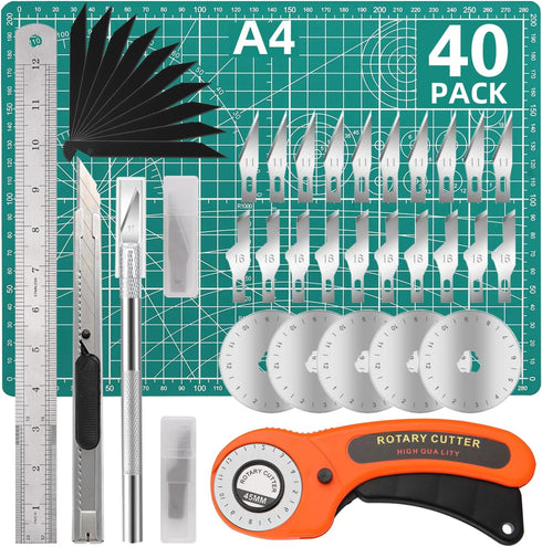 Rotary Cutter Set, Rotary Cutter for Fabric, 40 Pcs Fabric Cutter Wheel Kit, with A4 Self Healing Mat, 1 Craft Knife, Steel Rule, 2 Different Mode...