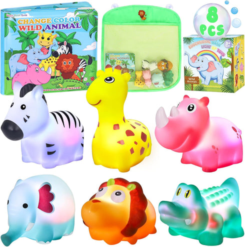 Light Up Bath Toys for Toddlers Kids Baby Boys Girls, No Hole Bath Toys with Bath Book & Organizer, Glow Bath Time Toys for Bathrooms Pool, Animal...