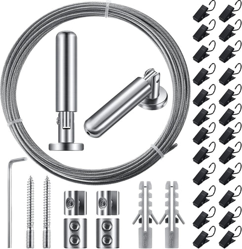 Jetec 196 Inch/ 5 m Wire Curtain Rod Room Divider Hanging System with 48 Clips Adjustable Curtain Drape Wire Rod Set for Tapestry Photo Picture Ki...