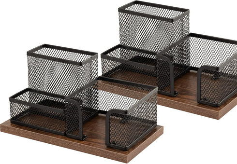 Antique Wood & Mesh Pen Holder Office Supplies Caddy, Storage Baskets for Desktop Accessorieswith Sticky Notes Holder,3 Compartments(2 Pack Black)...