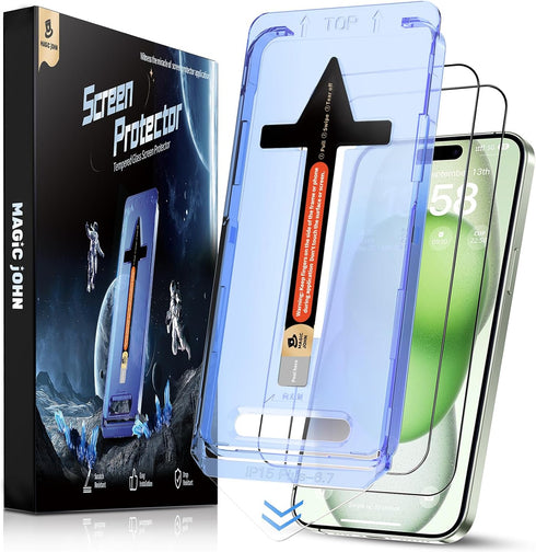 MAGIC JOHN 2 Pack for iPhone 15 Plus 6.7 inch Tempered Glass Screen Protector, Auto Dust-Elimination Installation, Bubble Free, Dynamic Island Com...