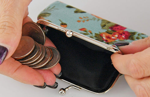 Home-X Canvas Coin Pouch Clasp Closure, Rose Pattern, Floral Coin Purse, Keys Wallet, Round-Blue (4" L x 3.5" H)...