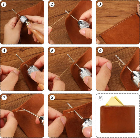 WILLBOND 12 Pcs Sewing Awl Kit Portable Leather Including Handheld Sewing Repair Awl Straight and Bent Needles and 8 Rolls Waxed Threads with Smal...