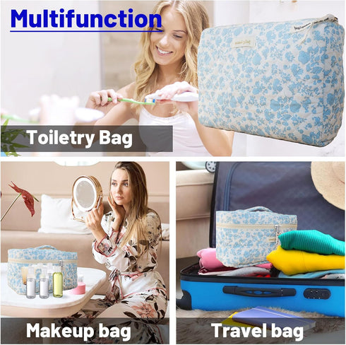 2 Pcs Cotton Quilted Makeup Bag Cute Floral Makeup Bag Large Coquette Aesthetic Cosmetic Bag Kawaii Toiletry Bag for Women Girls...