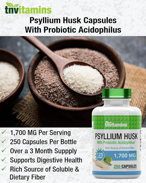 Psyllium Husk Capsules | 1700 MG - 250 Capsules | with Probiotic Acidophilus | Extra Strength Soluble & Dietary Fiber Supplement | Supports Digest...