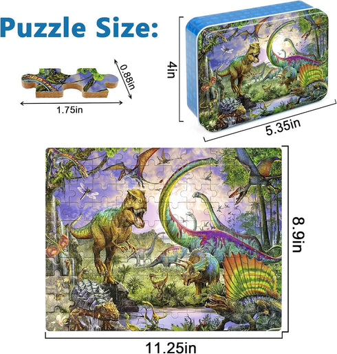 LELEMON Puzzles for Kids Ages 4-8,Dinosaur 100 Piece Puzzles for Kids,Educational Kids Puzzles Jigsaw Puzzles in a Metal Box,Children 100 Piece Pu...