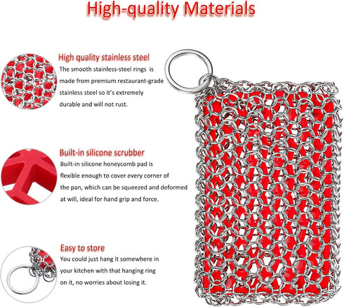 Cast Iron Skillet Cleaner, 316 Stainless Steel Chainmail Scrubber with Silicone Insert for Cast Iron, Grill, Pie Pan, Casserole Dishes...