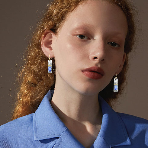 Unique Handmade Bohemian Enamel Vintage Matt Silver Bar Dangle Earrings Chic Round Blue Gemstone Geometric Square Drop Earrings for Women Statemen...