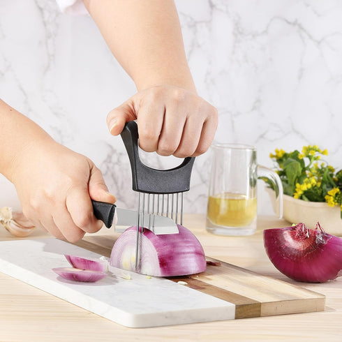 Onion Slicer, Mumulo Stainless Steel Onion Cutter for Slicing and Storage Onions, Tomato, Eggs and Vegetables, Protective Cover Included, Dishwash...