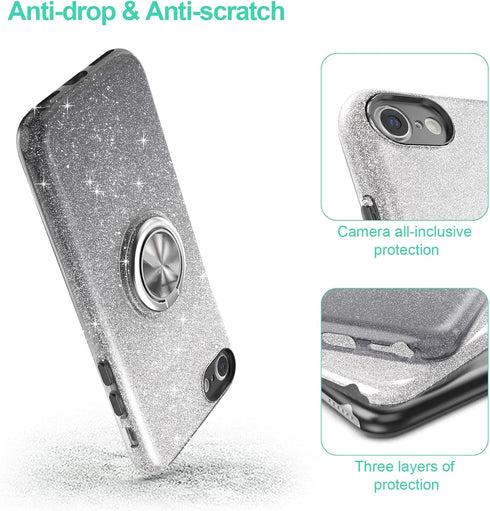 for iPhone SE 2020 Case Glitte,Slim Sparkly Case with 360°Ring Holder Kickstand Magnetic Car Mount Shock-Absorbent Sturdy Cover,for iPhone 8/7/SE ...