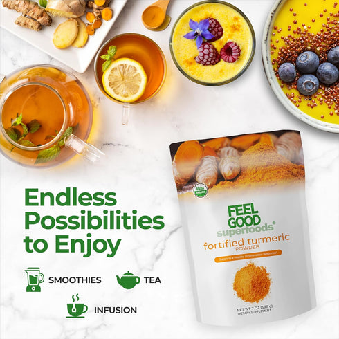 FeelGood Organic Superfoods Fortified Turmeric Powder with Curcumin and Black Pepper, 95% Curcuminoids, Immune Support, Vegan, Gluten Free, Non-GM...
