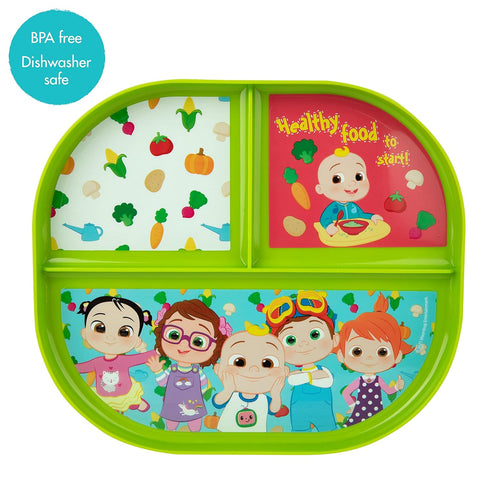 The First Years CoComelon Toddler Dinnerware Set - Plastic Dinnerware Set and Toddler Utensils - 2 Reversible Baby Plates and 4 Textured Baby Spoo...