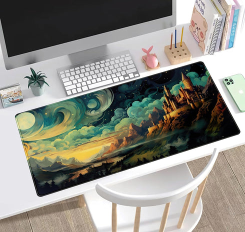 Cool Aesthetic Castle Mouse Pad Desk Pad Cute Cloudy and Starry Desk Mat, Office Desk Decor Anime Mousepad Laptop Keyboard and Mouse Mat, XXL Larg...