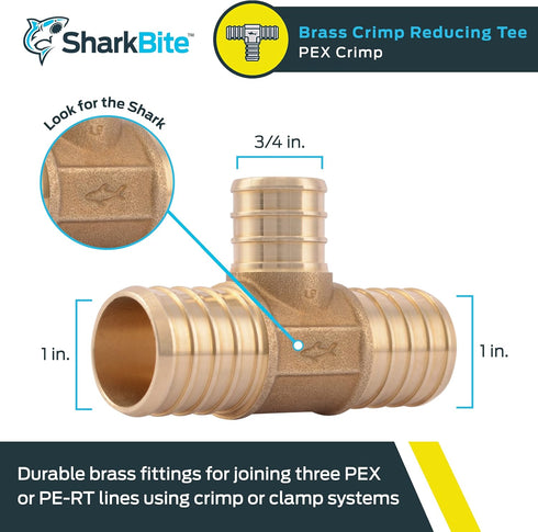 SharkBite 1 Inch x 1 Inch x 3/4 Inch Crimp Reducing Tee, Brass Plumbing Fitting, PEX Pipe, PE-RT, UC416LFA...