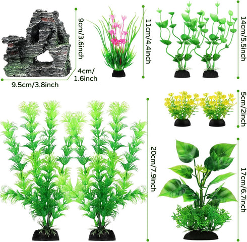 Fish Tank Accessories Artificial Plants, 9pcs Green Aquarium Decorations Plants and Cave Rock Decor Set, Aquarium Decor Plastic Plants...