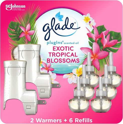 Glade PlugIns Refills Air Freshener Starter Kit, Scented and Essential Oils for Home and Bathroom, Tropical Blossoms, 4.02 Fl Oz, 2 Warmers + 6 Re...