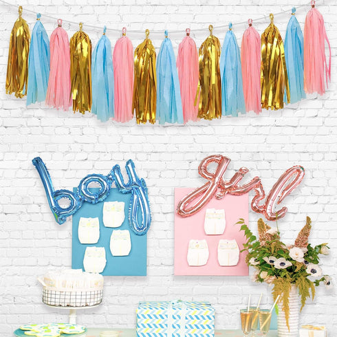 Baby Gender Reveal Decorations - Glitter Letters Baby and Boy or Girl with Hearts Banner, Tissue Paper Tassels Garland Set for Gender Reveal Party...