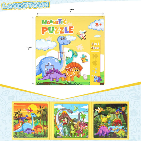 LovesTown Magnetic Travel Puzzles Book, Dinosaur Wooden Magnetic Puzzles for Toddlers Learning Magnetic Puzzles for Road Trip...