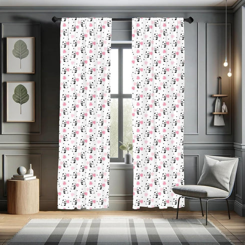 Lunarable Panda Window Curtains, Cartoon Style Bear Drawings Pinkish Foliage Leaves Chinese, Lightweight Decor 2-Panel Set with Rod Pocket, Pair o...