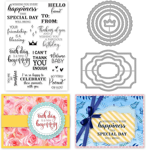Word Clear Stamps for Card Making Label Rectangle Die Cut Round Frame Metal Cutting Die Inspirational Quote Silicone Stamp for DIY Scrapbooking Ar...