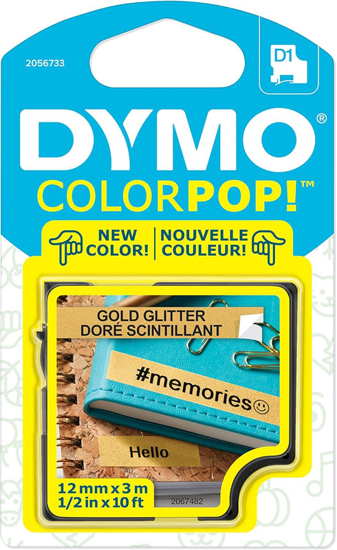 DYMO COLORPOP Authentic Label Maker Tape, 1/2" W x 10' L, Black Print on Gold Glitter, D1 Standard...