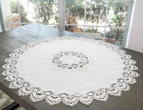 Linens, Art and Things European White Lace on Ivory Table Topper, Small Tablecloth (33 Inch Round)...