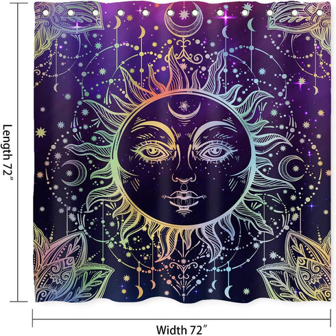 Sun Moon Shower Curtain Burning Sun with Star Psychedelic Theme Bath Curtain, Washable Upgrade Polyester Fabric for Bathroom Set with Hooks, Purpl...