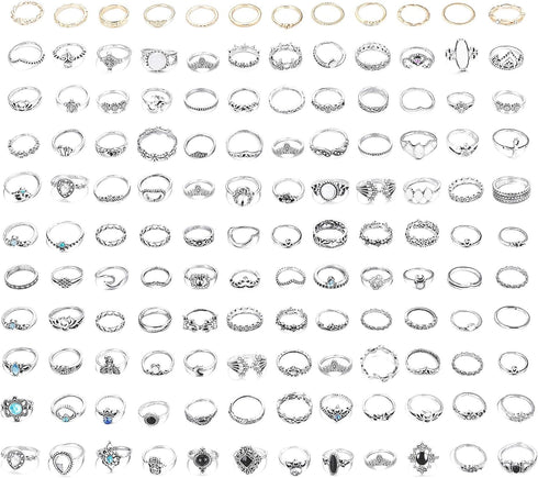 LOYALLOOK 132PCS Bohemia Knuckle Ring Set Women Hollow Silver Fashion Finger Rings Vintage Stackable Knuckle Midi Rings Set...