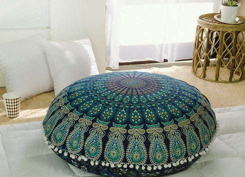 Popular Handicrafts Kp834 Large Hippie Mandala Floor Pillow Cover - Cushion Cover - Pouf Cover Round Bohemian Yoga Decor Floor Cushion Case- 32" B...