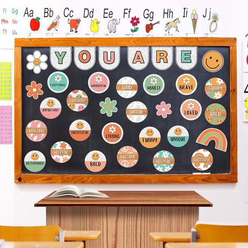 Boho Groovy Affirmation Station Bulletin Board Set Retro Motivational Inspirational Paper Cutouts with Glue Points Positive Bulletin Board Decor f...