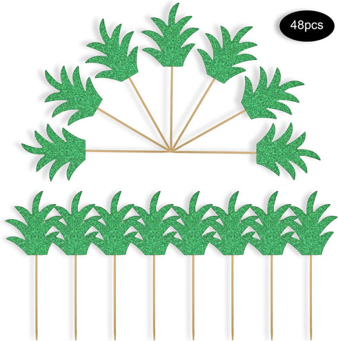 48 Pieces Green Pineapple Palm Leaf Cupcake Toppers Glitter Tropical Food Cocktail Picks Luna Toothpicks Hawaii Cake Decorations Donut Decor for S...