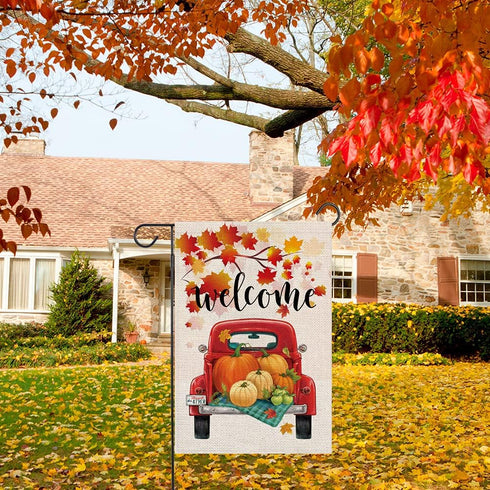 Fall Welcome Garden Flags for Outside,Truck with Pumpkins Maple Leaves,Harvest Decorative Farmhouse Flag for Patch,12.5 x 18 Inch Double Sided,Sma...