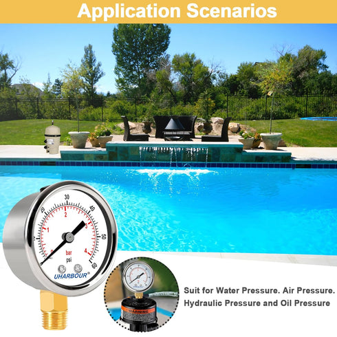 Lead-Free Water Pressure Gauge Liquid Filled 60 Psi 2" Dial, Stainless Steel Case, 1/4" NPT Lower Mount, Water Pressure Gauge for Home...