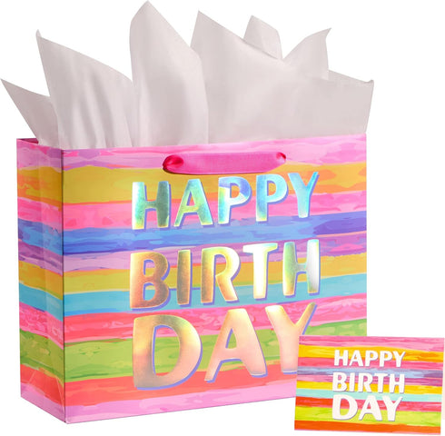 13" Large Birthday Gift Bag with Tissue Paper and Greeting Card – Colorful Gift Bag for Kids, Women, or Mom’s Birthday...