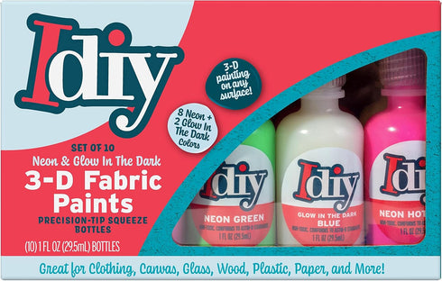 DIY Fabric Paints (Set of 10 Colors)-8 Neon & 2 Glow in the Dark (1oz ea) Bright 3D Clothing Paint, Non-Toxic Water-Based, Classroom, Kids Birthda...