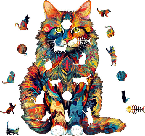 Wooden Puzzles for Adults, Maine Coon Cat (S-80pcs) Wooden Jigsaw Puzzles, Unique Shaped Animal Wood Puzzles, Wooden Animal Puzzles for Adults and...