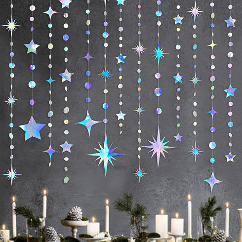 Iridescent Party Decorations Star Circle Dot Paper Garland Banner Bunting Streamer Metallic Hanging Twinkle Star Decoration for Kids Birthday Baby...