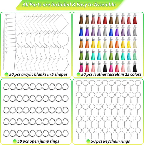 200Pcs Blank Keychains for Vinyl, Acrylic Keychain Blanks Bulk with 5 Shapes Clear Acrylic Disc Leather Tassel Charms Key Chains Jump Ring for DIY...