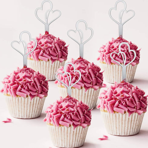 48 Pieces Silver Heart Cupcake Toppers Double Heart Cupcake Picks Love Cake Decorations Engagement Toothpicks for Bridal Shower Wedding Anniversar...