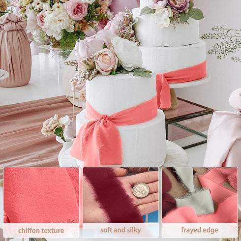 Chiffon Ribbon 6 Rolls Handmade Fringe Chiffon Silk Ribbon 1.5" x 3Yd Blush Pink Dark Red Ribbon Frayed Edges Boho Fabric Ribbon for Gift Wrapping...
