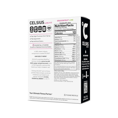 CELSIUS® On-the-Go Powder Sticks Dragonfruit Lime, Essential Energy 2.8 Oz (14 Sticks per Pack)...