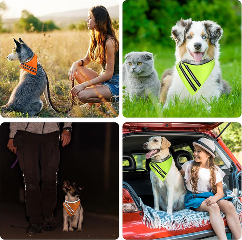2 Pcs Reflective Dog Bandana with Neon Orange Green Color High Visibility Reflective Dog Scarf Safety Dog Reflective Gear Hook and Loop Tape Trian...