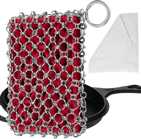 Herda 316L Cast Iron Scrubber Cleaner, Large Cast Iron Chain Mail Scrubber - Chainmail Scrubber Sponge - Metal Skillet Scrubbing, Wok, Dutch Oven ...